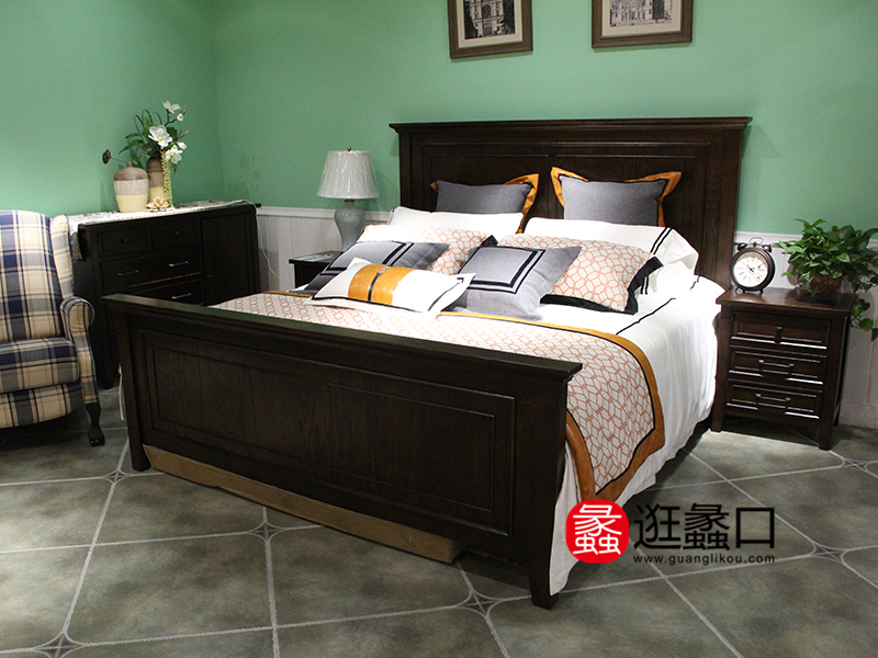U-LINEHOME美式卧室红橡木实木双人床/婚床/床头柜