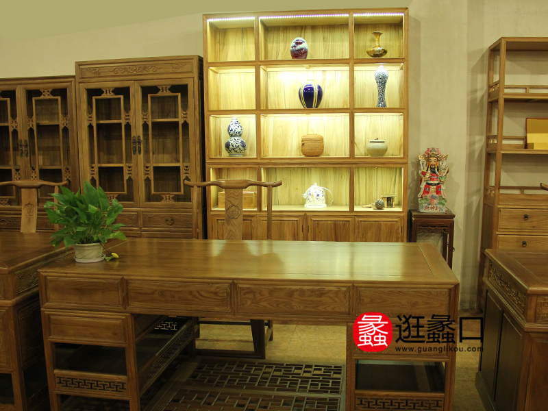 万年红红木家具中式书房榆木书桌/书椅