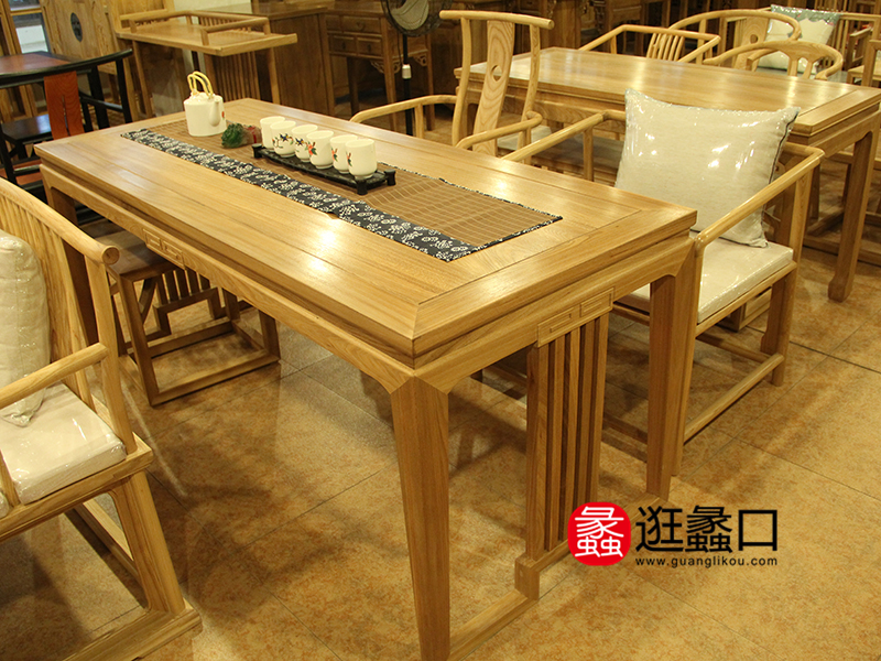 万年红红木家具中式餐厅榆木茶桌/餐椅