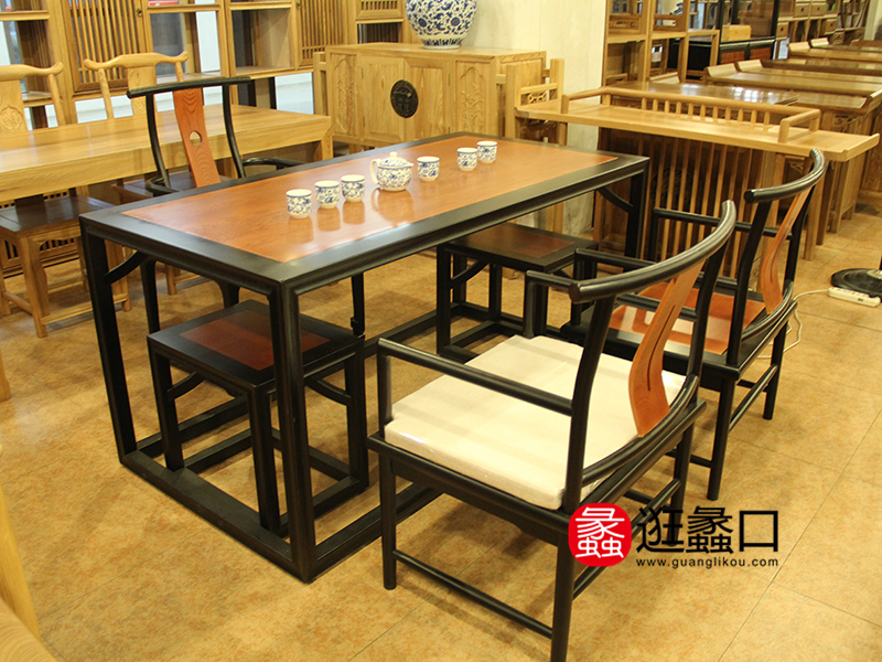 万年红红木家具中式餐厅榆木茶桌/餐椅