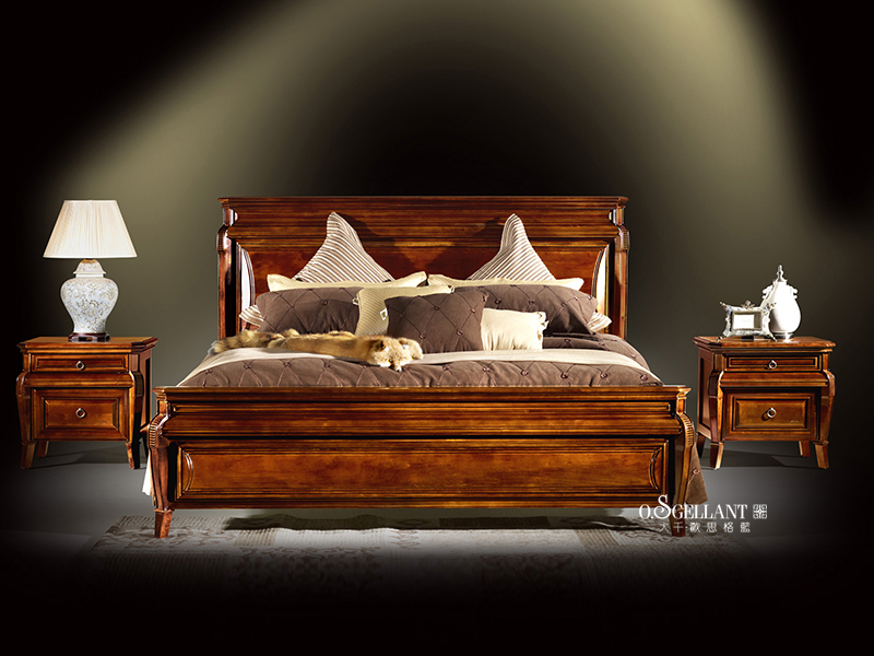 君诺家居·欧思格蓝家具美式新古典经典款卧室樱桃木实木双人床/婚床/床头柜