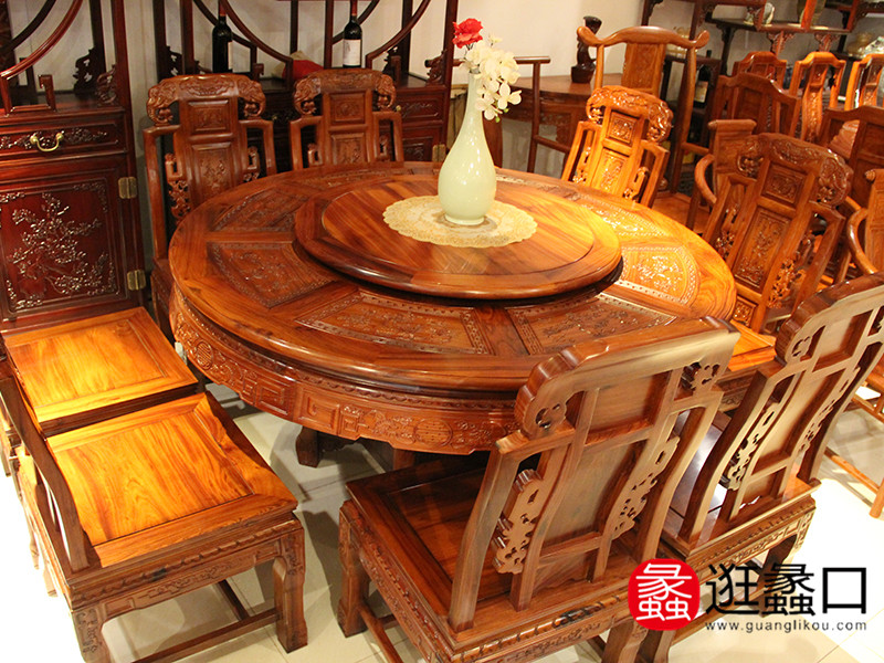 明家红木家具红木餐厅中式红木圆形带转盘餐桌椅组合