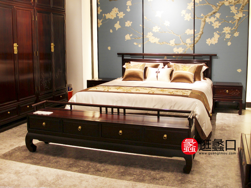 富利堂家具新中式卧室实木双人床/床头柜/床尾凳