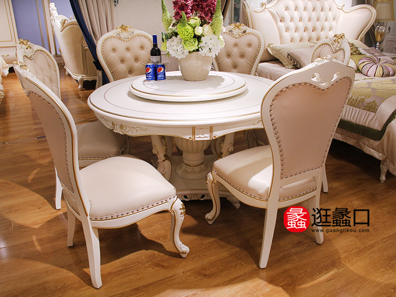 达森豪庭家具欧式餐厅珍珠白圆餐桌/无扶手餐椅