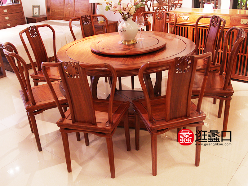 鑫隆红木家具新中式红木餐桌圆形刺猬紫檀红木家具组合/餐椅