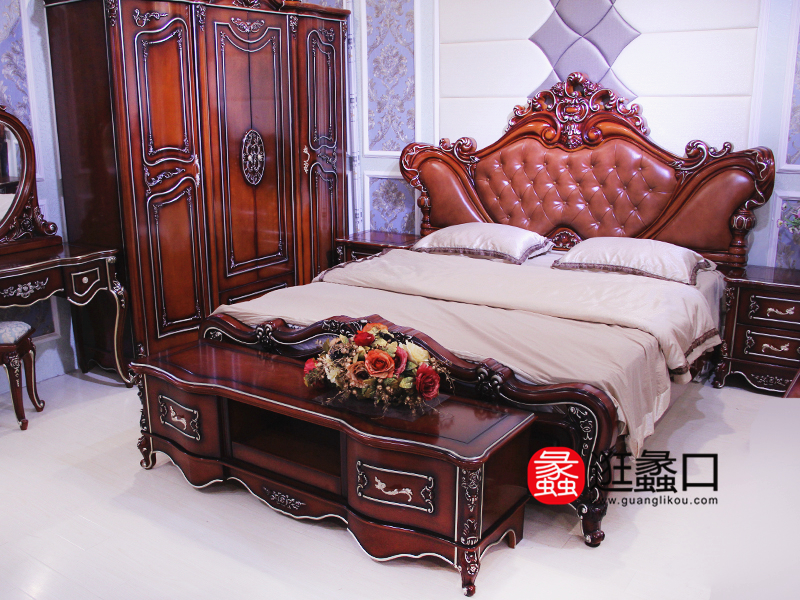欧士达家具欧式卧室实木皮艺软靠双人床/床头柜