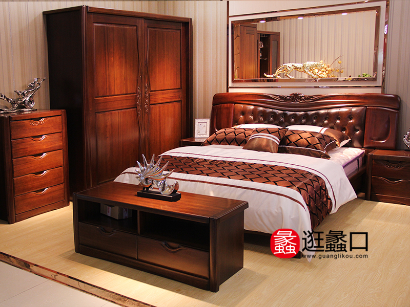 琥珀森林家具中式卧室实木皮艺双人床/床头柜/衣柜/电视柜
