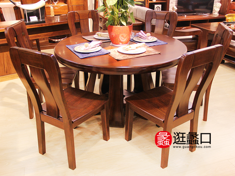 琥珀森林家具中式餐厅实木圆餐桌椅/餐椅（一桌六椅）