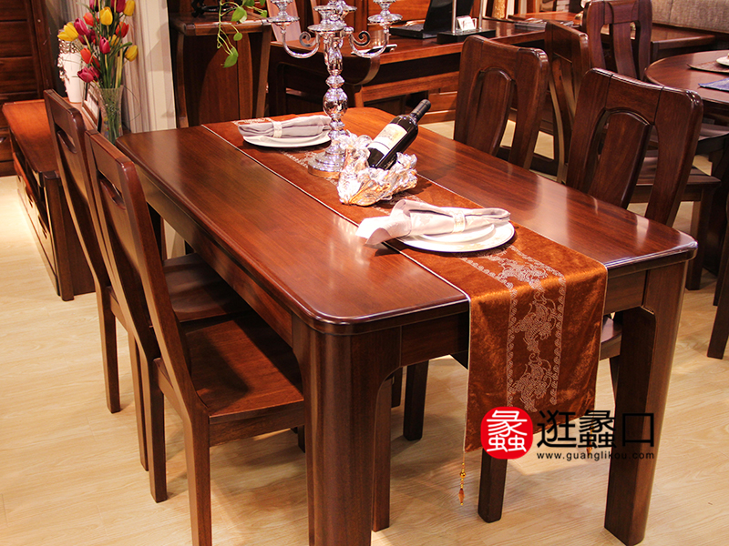 琥珀森林家具中式餐厅实木长餐桌椅/餐椅（一桌六椅）