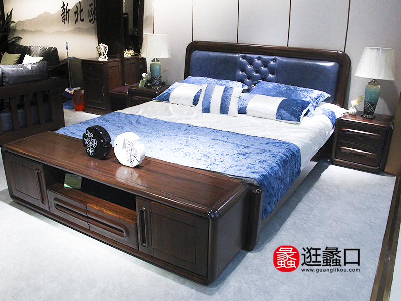 阁美圆家具现代中式卧室实木真皮软靠双人大床/床头柜
