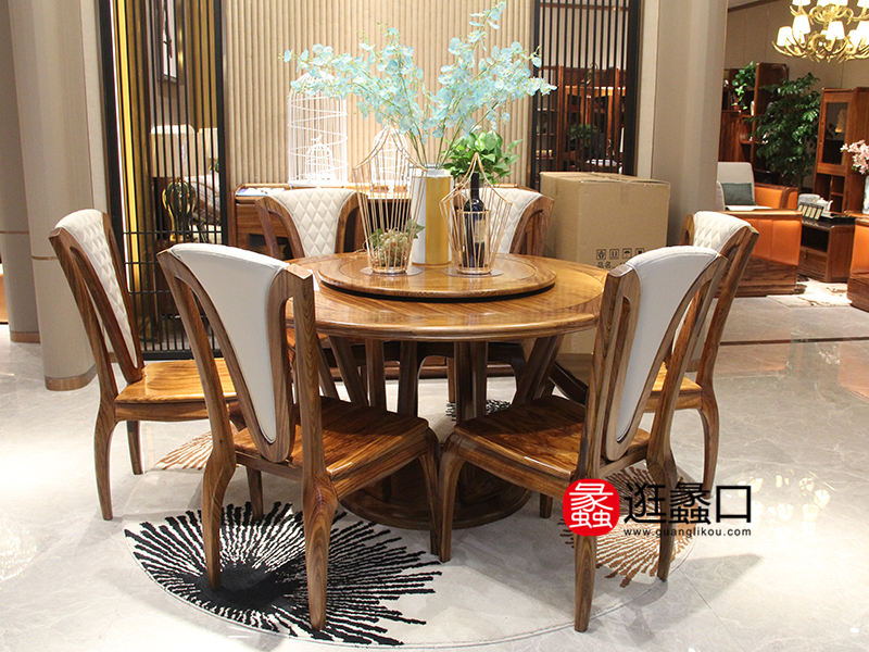 乌金大师家具新中式餐厅乌金木实木圆餐桌椅（一桌六椅）