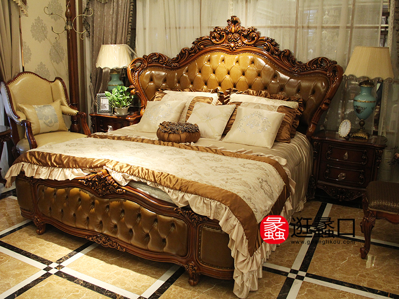 夏欣夷家具欧式新古典卧室实木皮艺软靠双人大床/床头柜