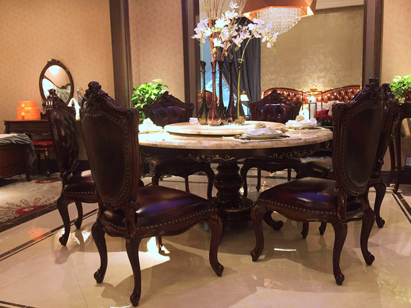 【欧尚格家具】融誉家具美式餐厅实木桃花芯木圆餐桌/餐椅（一桌六椅）