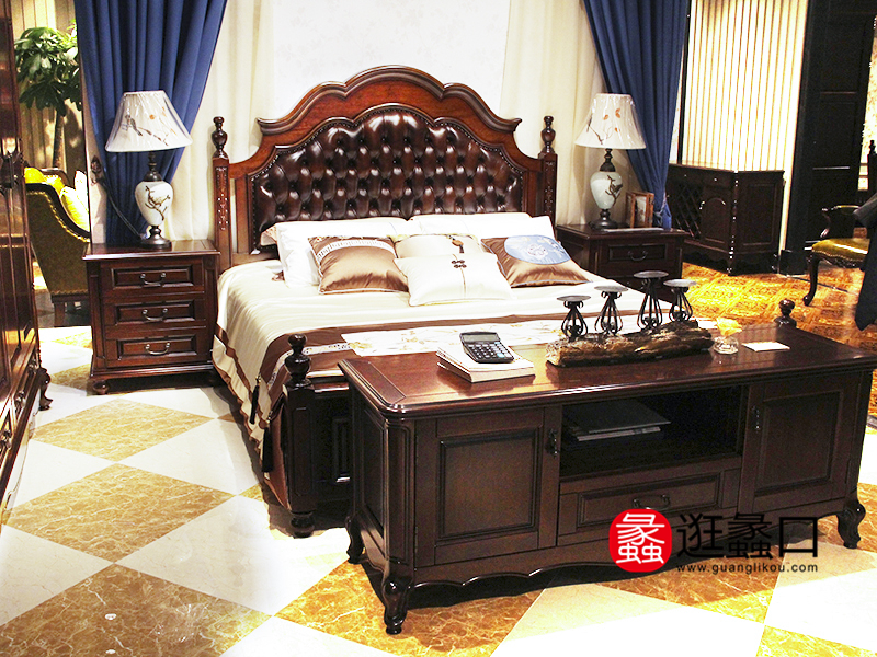 基信家居美式卧室皮艺软靠实木双人大床/电视柜/床头柜