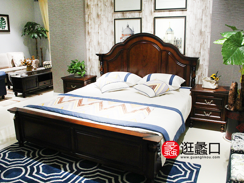 帷斯卡家具美式经典款卧室实木双人大床/床头柜