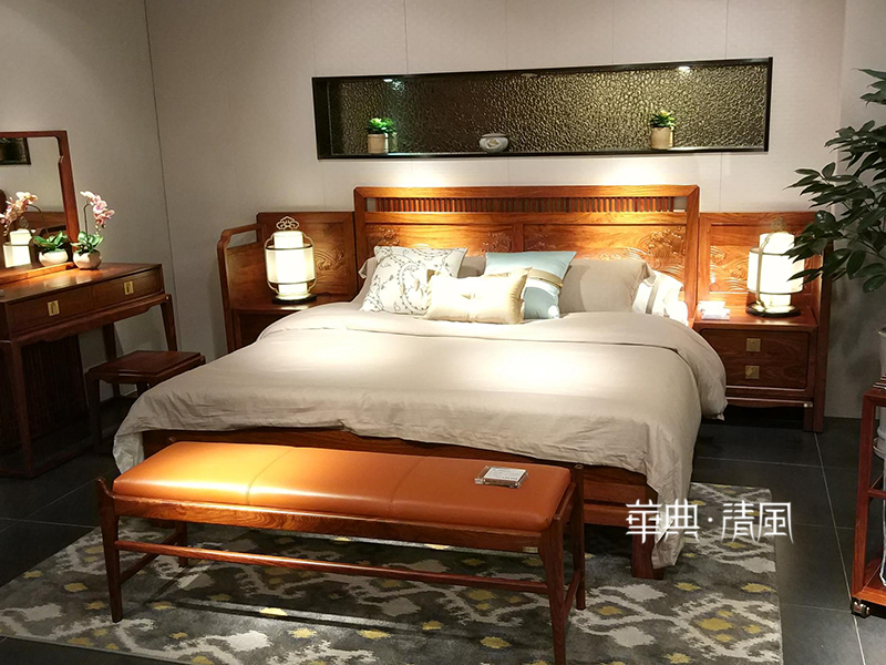 华典清风·欧尚格家居新中式卧室刺猬紫檀双人床/床头柜/婚床