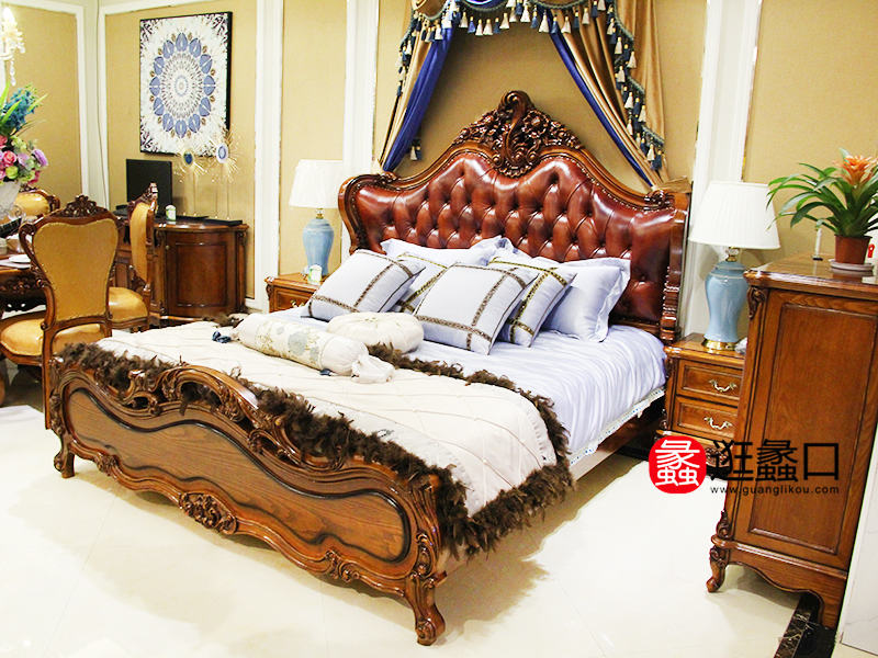 宫廷罗兰家具欧式卧室实木雕花皮艺软靠双人床/床头柜