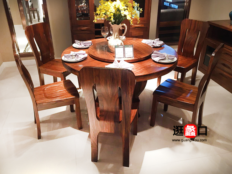 奥克仕家家具中式餐厅实木圆餐桌椅带转盘/餐椅