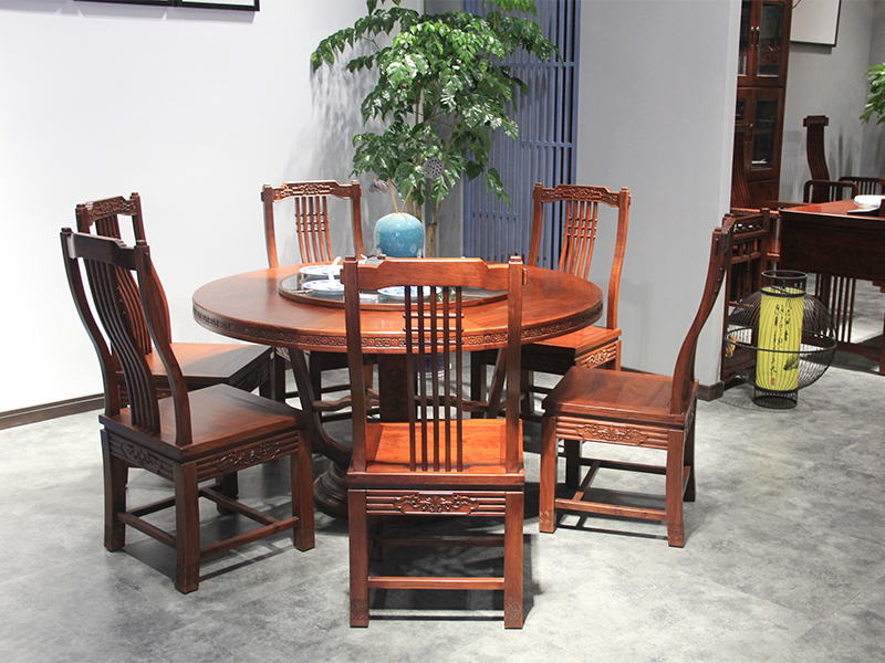 紫熙轩红木家具新中式餐厅刺猬紫檀圆餐桌椅