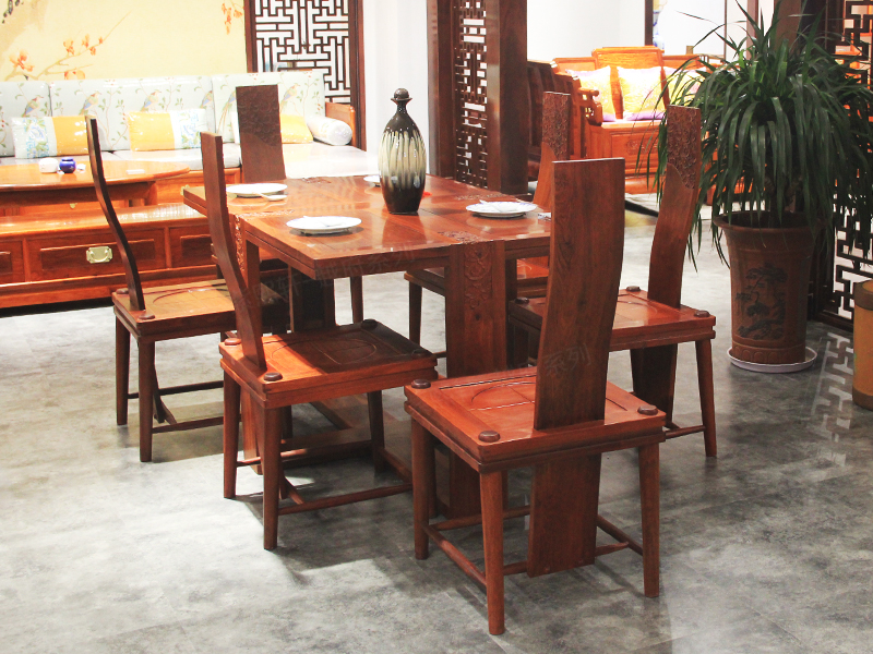 紫熙轩红木家具新中式餐厅缅甸花梨木餐桌椅（一桌六椅）