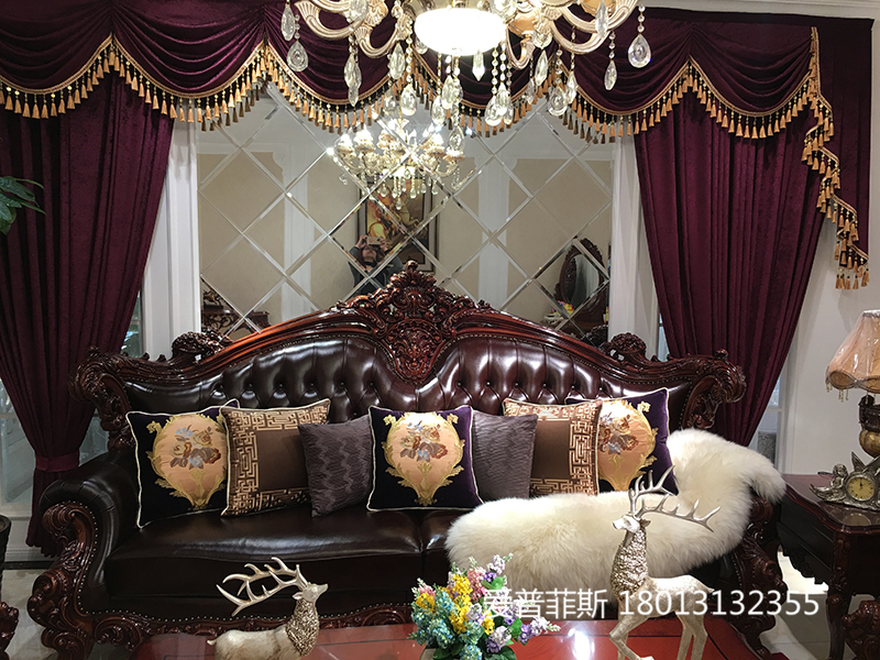 爱普菲斯家具欧式新古典客厅实木雕花头层牛皮四人位沙发组合/茶几/电视柜