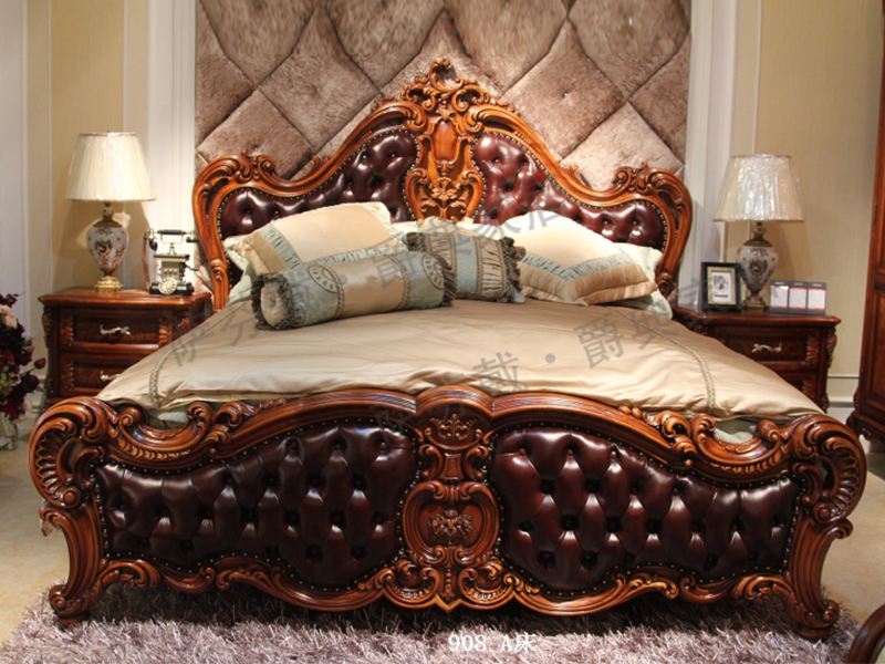 爵典家居·萨芬戴家具欧式卧室榉木真皮软靠雕花大床