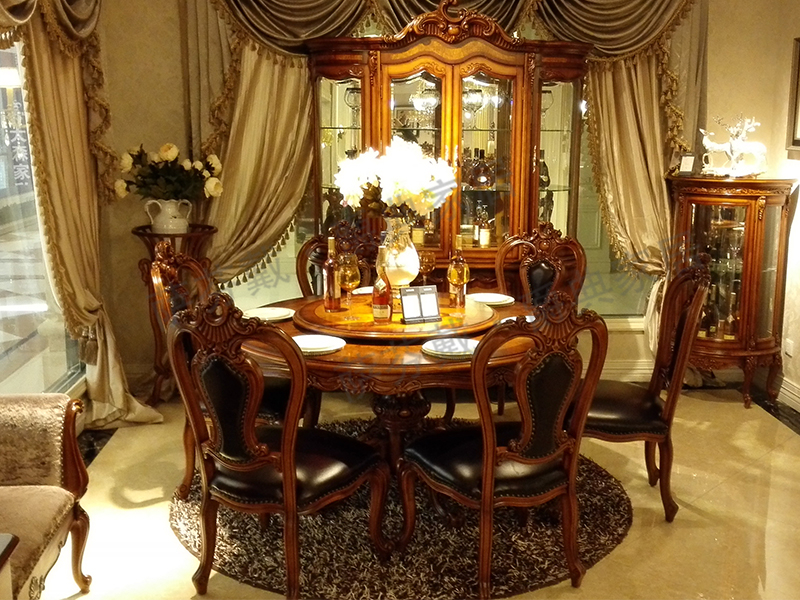 爵典家居·萨芬戴家具欧式（法式）餐厅榉木纯实木雕花圆餐桌椅（一桌六椅）/酒柜