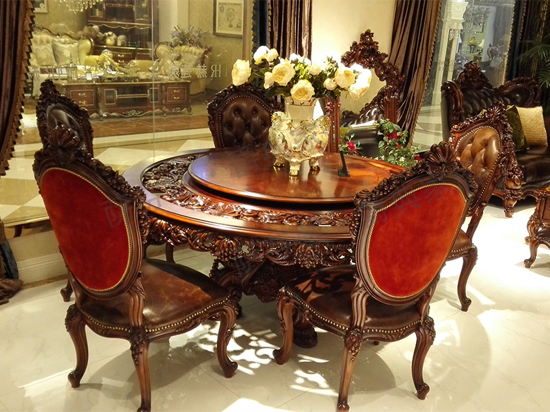 爵典家居·萨芬戴家具欧式（法式）餐厅纯实木雕花圆餐桌椅