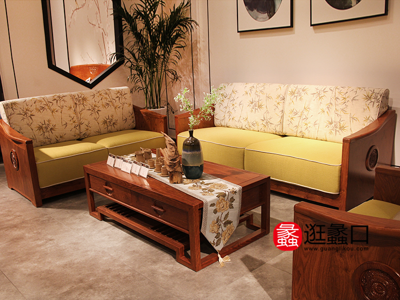 苏美家具新中式客厅实木布艺转角沙发组合/茶几