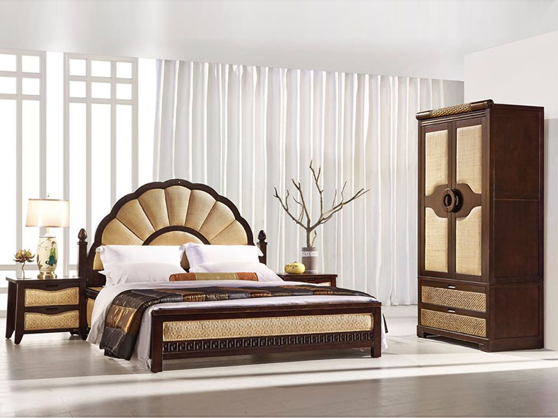 小藤匠中式古典卧室印尼藤床孔雀床/床头柜/双门衣柜