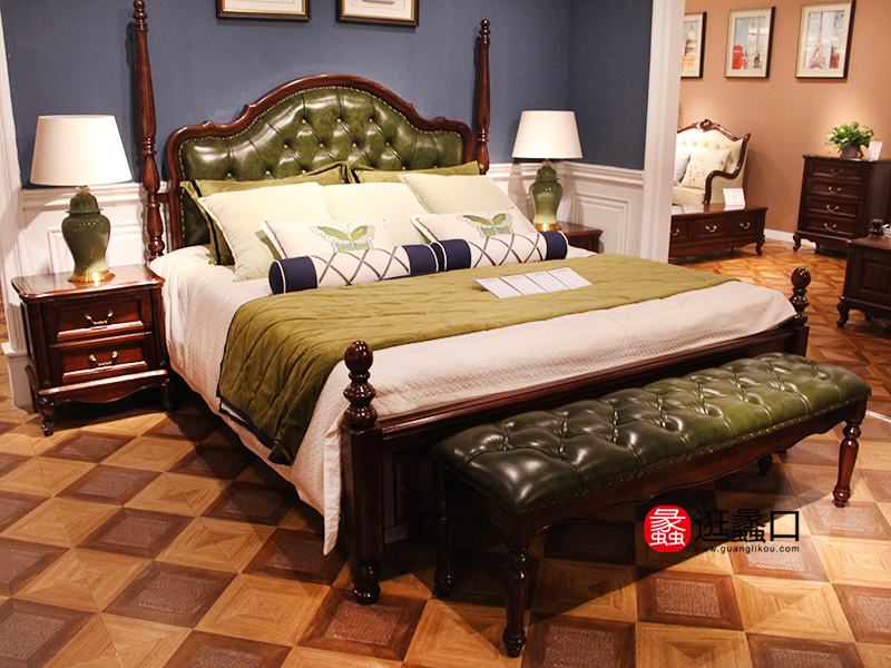 美墅尊品家具美式卧室实木皮艺软靠双人床/床头柜