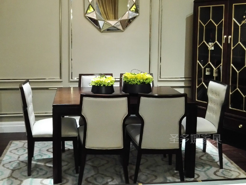 圣多娜·轻奢家具美式客厅深色桃花芯木实木长餐桌/餐台/餐椅