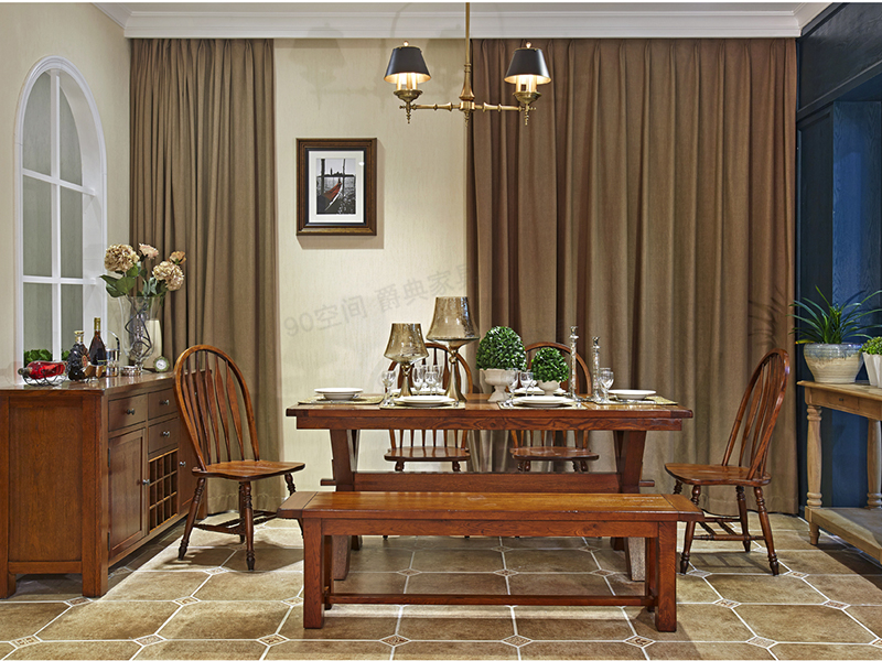 90空间家具·爵典家居美式深色餐厅实木长餐桌椅/餐边柜