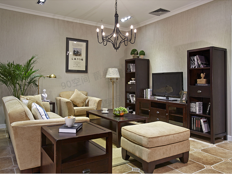 90空间家具·爵典家居美式客厅实木沙发/茶几/电视柜组合