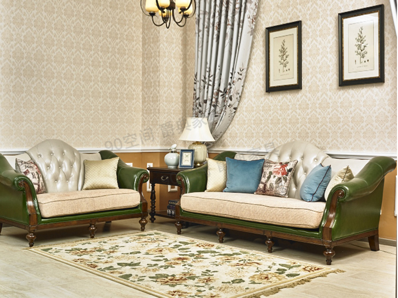 90空间家具·爵典家居美式客厅实木真皮2+3沙发