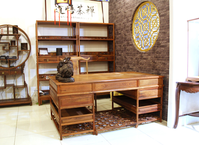 永发老红木中式古典明式书房书台+书椅（官帽椅）+两个组合书柜