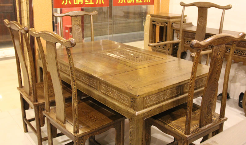 东明红木家具 中式古典 餐厅/客厅 餐桌椅 茶桌/茶台+官帽椅5把 鸡翅木 红木家具