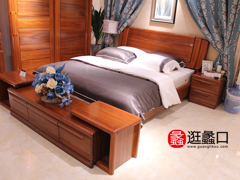 丰鑫阁家具现代中式卧室实木双人床/床头柜/电视柜