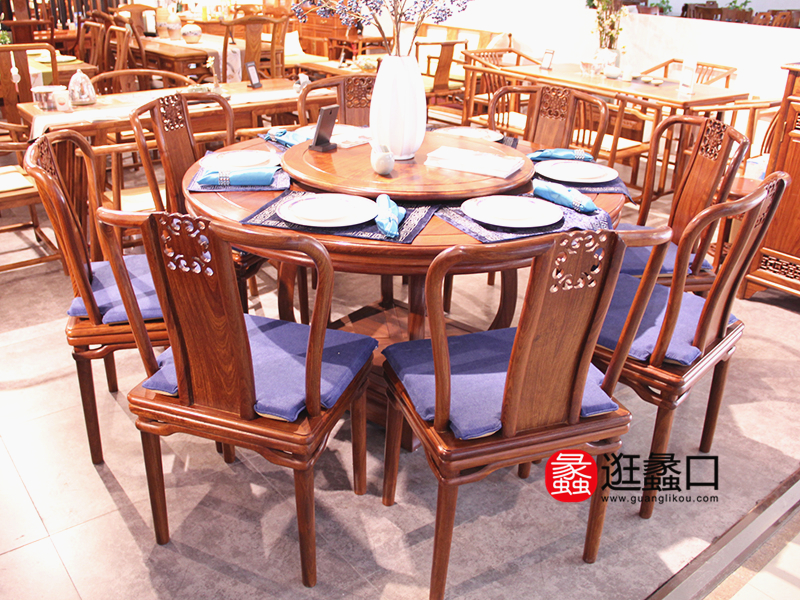 盛联红木家具中式古典餐厅实木圆餐桌椅/餐椅