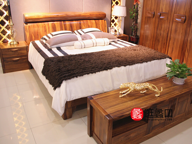 奥克家具中式卧室实木双人大床/床头柜