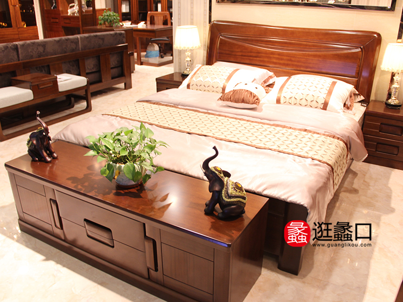 和谐木歌家具中式卧室实木双人大床/床头柜/电视柜