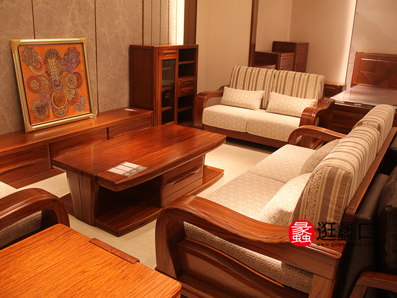 QIGONG奇工中式客厅实木布艺双人位/三人位/单人位沙发组合/茶几