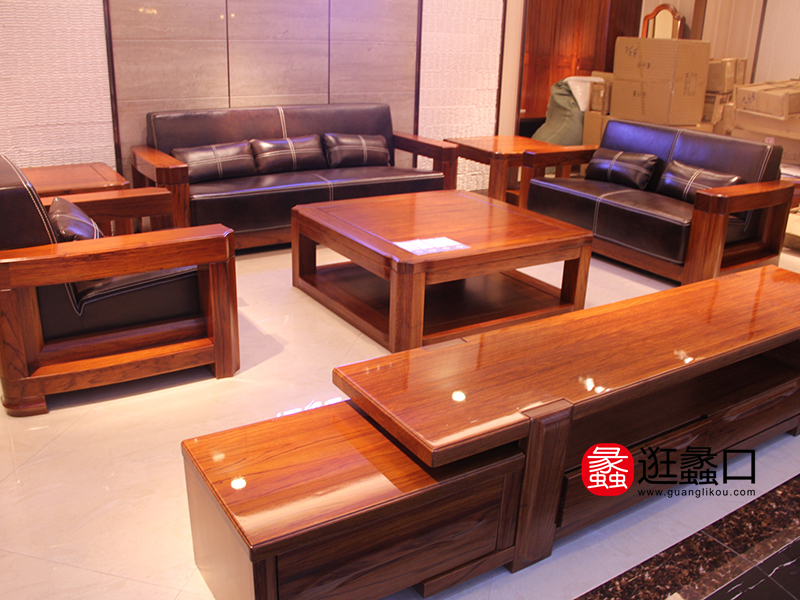 QIGONG奇工中式客厅实木皮沙发组合/茶几