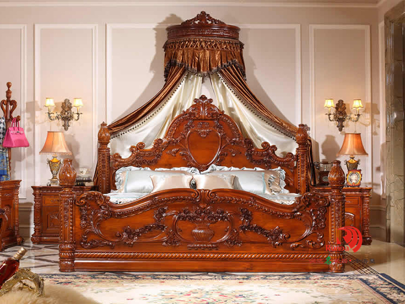 卡洛蔓·润达名家居欧式奢华别墅卧室实木雕花进口榉木双人大床/床头柜
