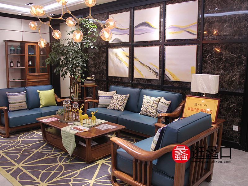 天雅居家具新中式客厅实木双人位/三人位/单人位沙发组合/茶几