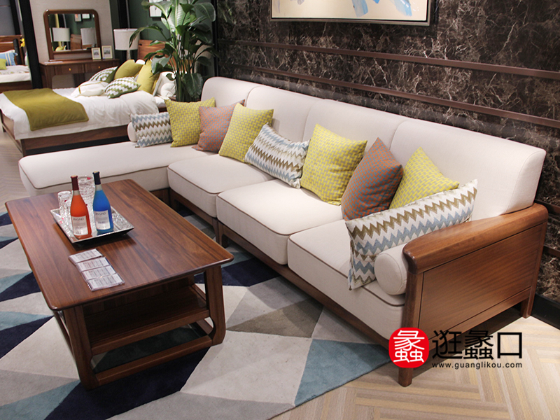 天雅居家具新中式客厅实木布艺转角沙发组合/茶几