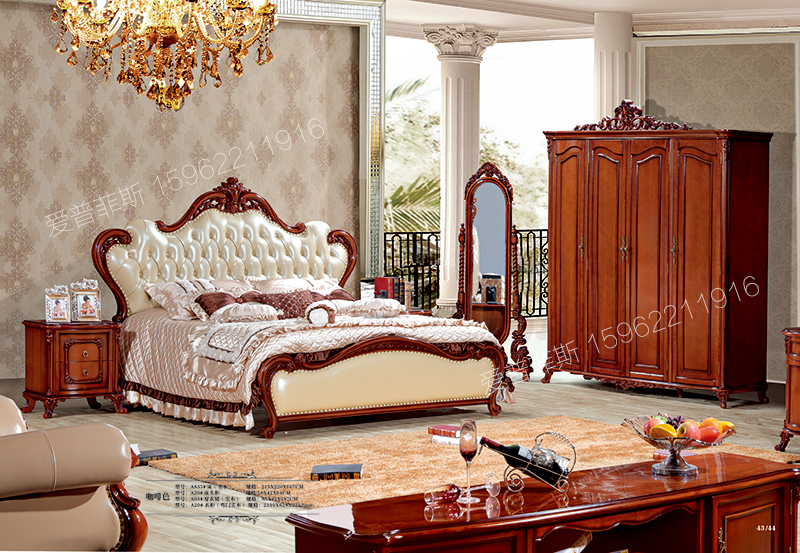 爱普菲斯欧式品质款卧室实木浅色雕花头层牛皮双人大床A835#/床头柜A20#