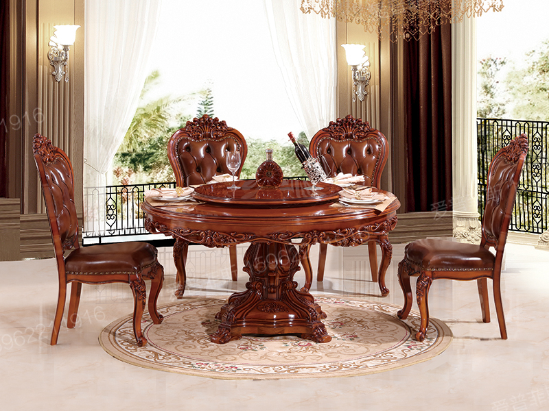 爱普菲斯家具欧式新古典实木雕花圆餐桌椅带转盘A06#
