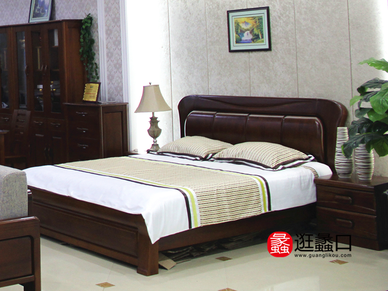 富业家具中式卧室实木双人大床/床头柜