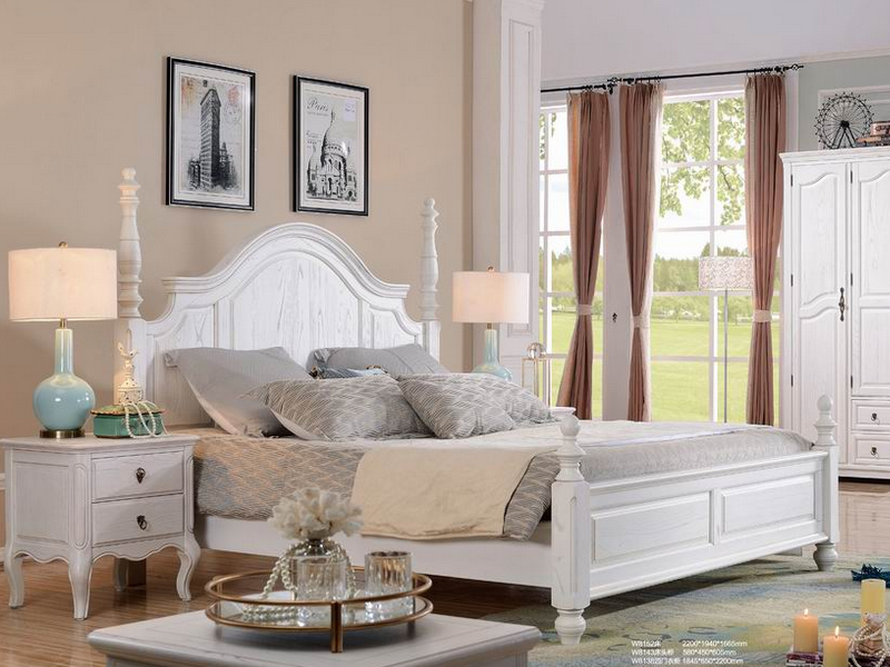 美伦卡家具美式卧室实木复古白色双人床/床头柜W8143/W8138四门衣柜